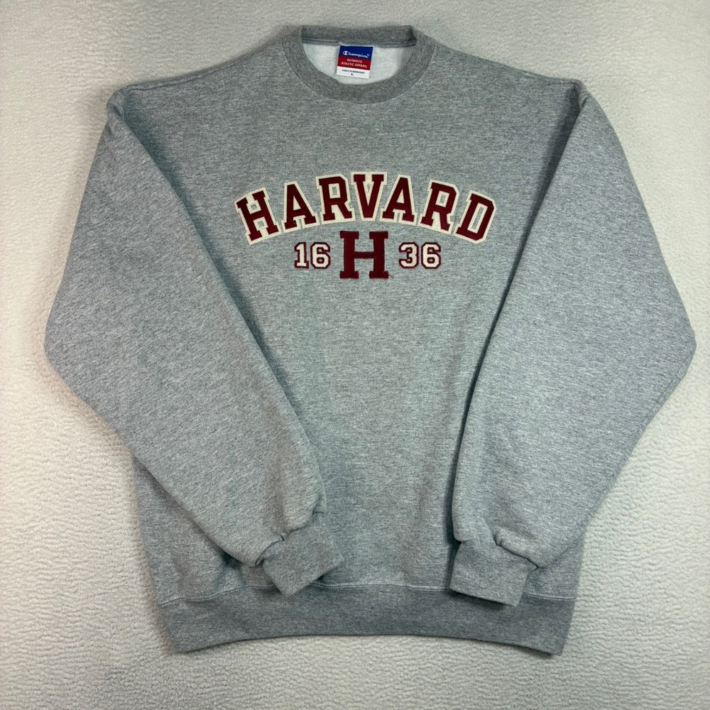 Champion Harvard Crewneck Sweatshirt Men L Gray Pullover Embroidered Y2K
